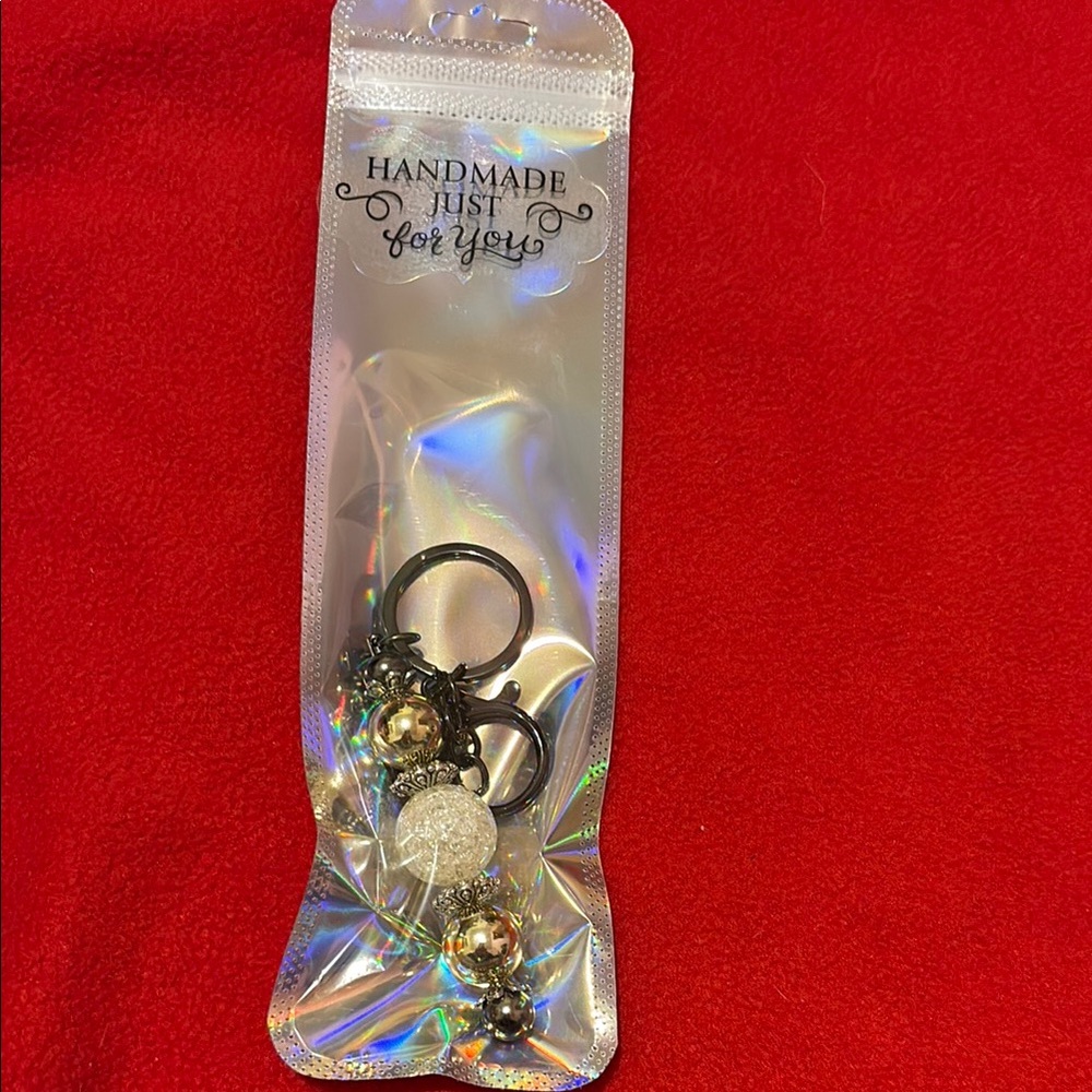Handmade Keychain White and Silver Accents
